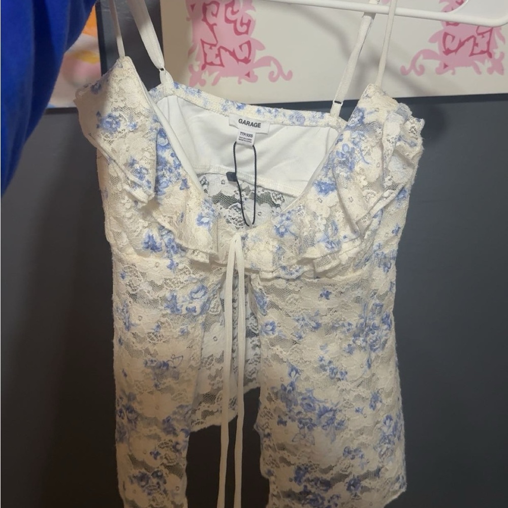 Garage Floral Lace Chemise in White and Blue